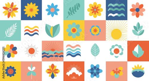Set of 25 colorful floral icons vector