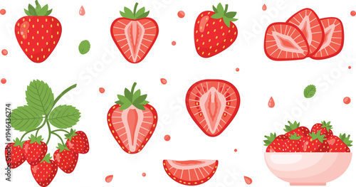 Fresh strawberry fruit collection with whole strawberries slices halves leaves and bowl of berries healthy food flat vector illustration set