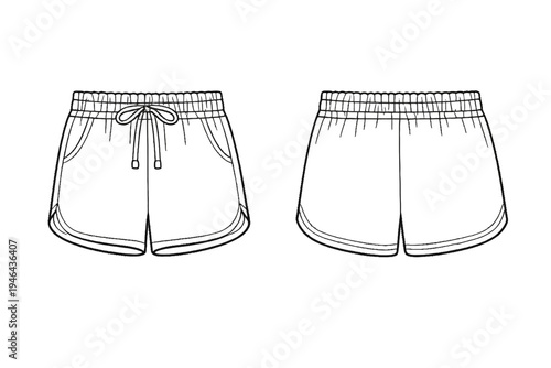 Line art illustration of women's athletic shorts, showcasing front and back views with elastic waist and drawstring detail