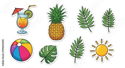 Set of 7 summer icons vector, tropical symbols