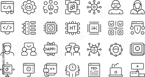 Collection of modern technology and coding icons representing programming concepts and digital infrastructure in a grid layout