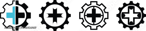 Industrial Medical Icon Set Gear and Plus Symbol Combinations for Engineering and Healthcare Services