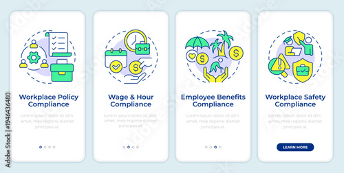 Components of HR compliance onboarding mobile app screen. Walkthrough 4 steps editable graphic instructions with linear concepts. UI, UX, GUI. Montserrat SemiBold, Regular fonts used