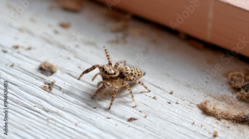 Close-Up View of a Spiderling on a Wooden Surface Amid Dust Particles
