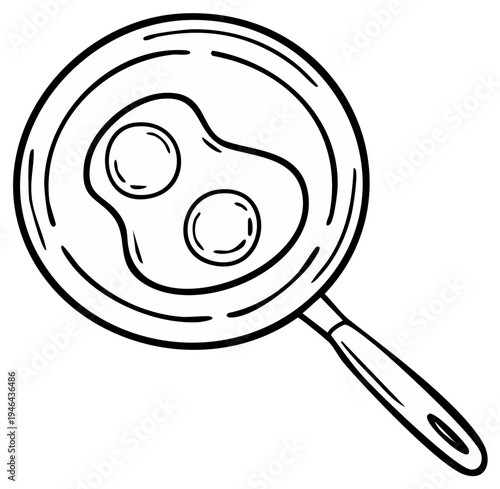 Two fried eggs in a pan, line art illustration. Breakfast concept.