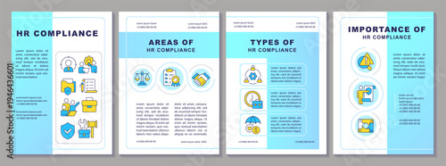 Hr compliance brochure layout. Risk mitigation, reputation management. Leaflet advertising design with color line icons. Editable 4 pages. Arial-Black, Myriad Pro-Regular fonts used