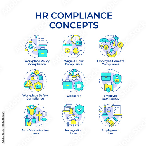 Hr compliance multi color concept icons. Employment law, human resources. Workers payment. Icon pack. Vector images. Round shape illustrations for presentation, article. Abstract idea