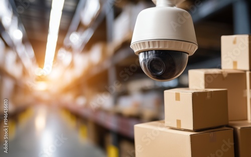Dimly Lit Storage Room with Surveillance Camera and Boxes on Rainy Evening