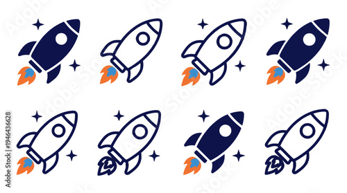 Diverse vector icon set of rockets for various concepts like launch, startup, success, and innovation in digital projects