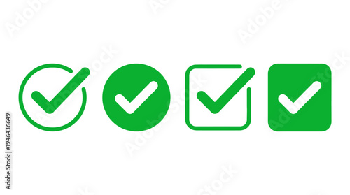 Collection of diverse green checkmark icons representing successful completion, approval, and correctness in digital and print designs