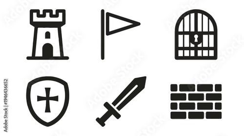 Collection of Medieval Castle Icons Tower, Flag, Gate, Shield, Sword, and Wall