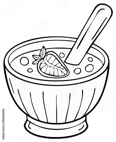 Bowl of oatmeal with strawberry slice and mint leaves, line art illustration