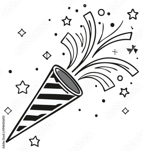 Celebration popper bursting with streamers and stars. Vector illustration.