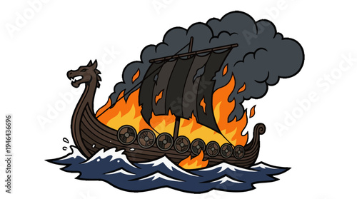 Dramatic illustration of a burning historical Viking longship sailing through rough sea waves with smoke