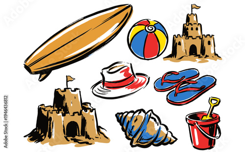 Beach day vibes. Coastal summer graphic print. Surf board, sandcastle, and vacation accessories. Tropical seaside holiday poster design.