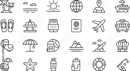 Collection of travel and vacation related outline icons representing different modes of transport locations and beach items