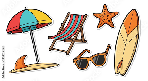 Set of 6 beach icons vector, summer vacation symbols