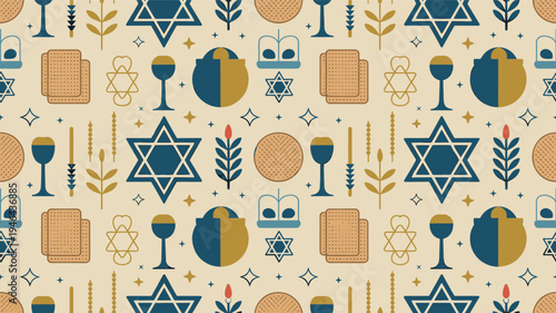 Blue and gold jewish holiday pattern with star of david and wine glasses