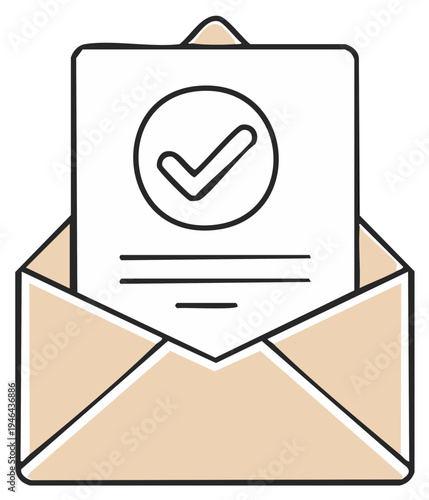 Envelope with Approved Document and Check Mark Icon Hand Drawn Style