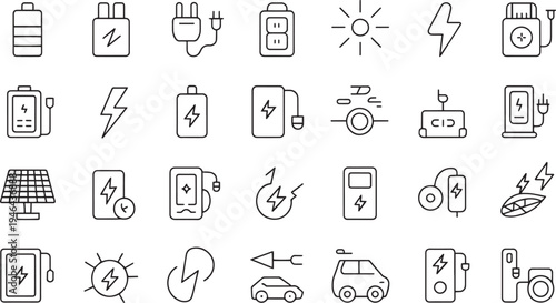 Collection of various electronic device and energy related icons isolated on transparent background
