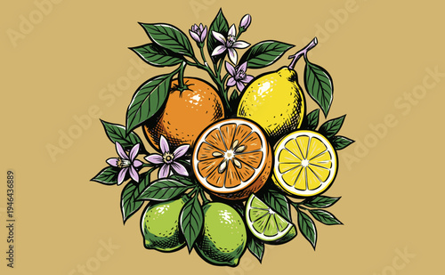 Fresh citrus harvest design. Vibrant orange, lemon and lime fruits. Vintage botanical food illustration for apparel, poster, and organic market decor.
