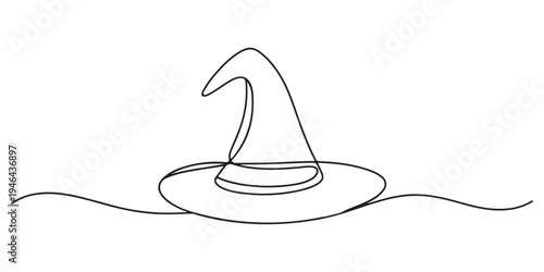 Wizard hat linear drawn continuous icon. Wizard hat black one line vector icon. Line design of wizard hat with star.