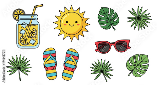 Set of 8 summer icons vector, colorful tropical elements