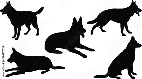 German shepherd dog silhouettes set, standing sitting lying walking poses, domestic canine pet outline vector illustration isolated collection