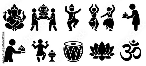Happy Ganesh Chaturthi vector icon set featuring Lord Ganesha, devotees dancing, playing traditional drums, offering sweet modak, lotus flower, and Om symbol for Hindu festival.