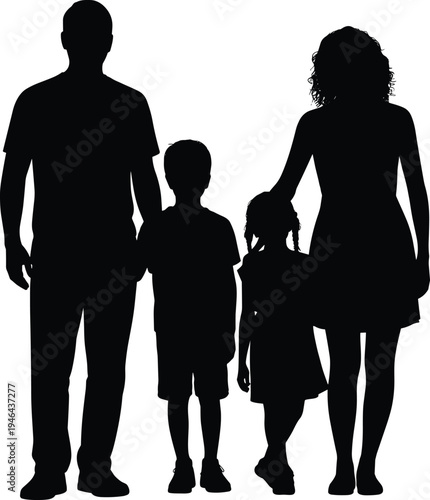 Family silhouette with parents and children, mother father son daughter standing together vector illustration, happy family concept