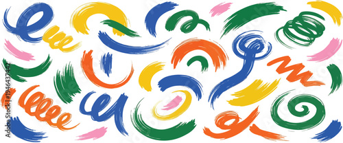 Colorful bold squiggles and doodle thick lines collection. Hand drawn vector swirls for collages design, banners and posters. Quirky spiral vector lines, colorful squiggles. Abstract naive strokes. 