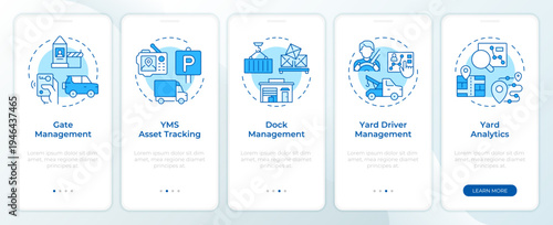 Key components of YMS blue onboarding mobile app screen. Distribution. Walkthrough 5 steps editable graphic instructions with linear concepts. UI, UX, GUI. Montserrat SemiBold, Regular fonts used