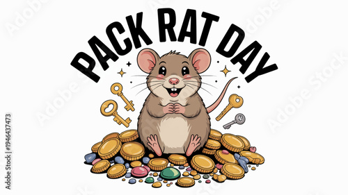A cheerful cartoon pack rat sitting on a pile of colorful treasures and trinkets on pack rat day