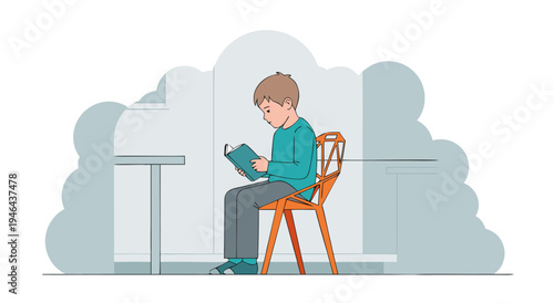 Charming vector illustration of a young boy sitting on a chair and engrossed in reading a book, peaceful ambiance