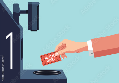 Vector illustration of a hand holding a digital ticket to a machine, representing entry and access in digital services