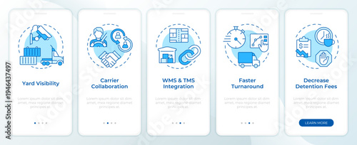 Benefits of yard management systems blue onboarding mobile app screen. Walkthrough 5 steps editable graphic instructions with linear concepts. UI, UX, GUI. Montserrat SemiBold, Regular fonts used