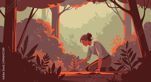 Vector illustration of a woman tending to plants in a lush forest environment, symbolizing growth and nature's beauty