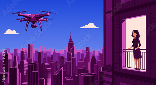 Surveillance Drone Flying Over a City Skyline in a Vector Illustration with a Woman Watching from a Balcony