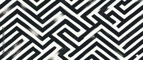Geometric maze seamless banner design. Abstract geometric labyrinth seamless pattern with zigzag brush strokes.