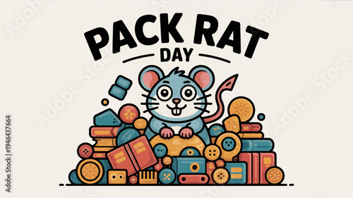 Colorful cartoon mouse surrounded by toys and books on pack rat day symbolizing hoarding and collection