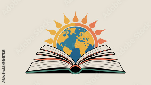 Open book with earth and sun symbolizing education and global knowledge on a beige background