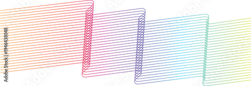 Abstract overlapping rectangular shapes arranged in wave-like formation with rainbow gradient from red to green