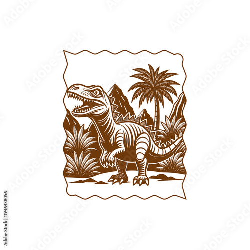 Vintage monochrome illustration of a roaring Tyrannosaurus Rex in a prehistoric jungle landscape with mountains and palm trees.