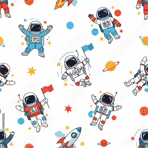 Playful seamless pattern featuring cartoon astronauts, planets, stars, and rockets on white background, seamless pattern, royalty free stock.