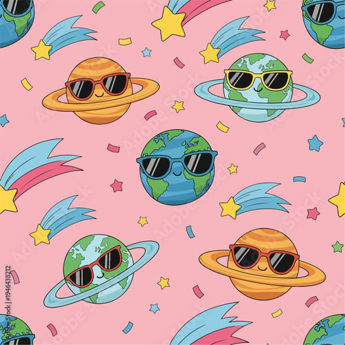 Playful cartoon illustration of planets and stars wearing sunglasses on a pink background pattern, patern seamless, Stock royalty image.