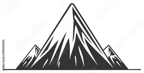 A stylized black and white graphic illustration of a majestic mountain range with a prominent snowy peak