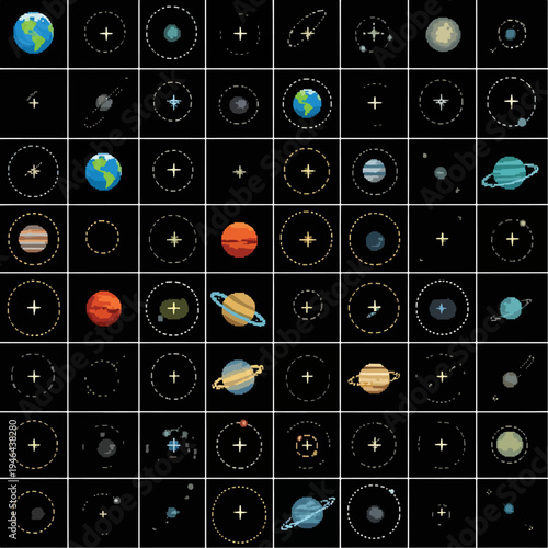 Pixelated Solar System Illustration Featuring Planets, Stars, and Orbital Paths in a Grid Arrangement, seamless pattern, Stock royalty image.