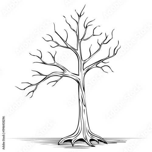 Ink sketch of a bare deciduous tree with intricate branches and exposed roots