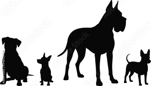 dog, silhouette, pets, animals, collection, vector, illustration, canine, domestic, breed, black, set, isolated, design, graphic, puppy, standing, sitting, pet, outline