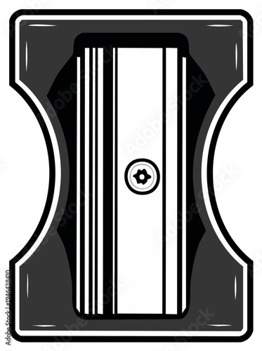 Graphic illustration of a metal pencil sharpener with black and white blades perfect for vector art